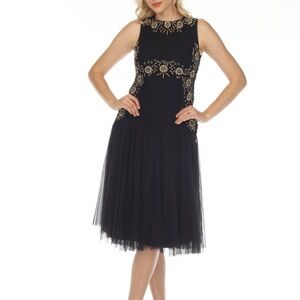 Golden Flower Navy Embellished Mesh Dress by Johnny Was size 4